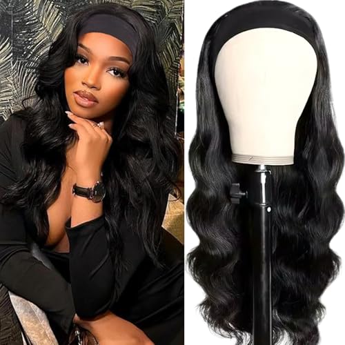 Headband Wig Human Hair Body Wave 24 Inch Glueless No Sew Headband Wig 100% Brazilian Virgin Hair 180% Dencity Wear and Go Headband Wigs for Black Women Natural Color Beginner Friendly