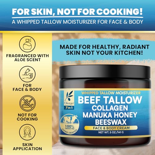 Organic Beef Tallow for Skin, Organic Grass-Fed Beef Tallow Balm with Manuka Honey, Aloe Vera, Jojoba Oil, Collagen & Beeswax, Olive Oil, Moisturizer for Dry Skin, Nourishes Face, Body & Lips (5oz)