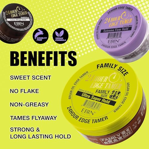 EBIN NEW YORK 24 Hour Edge Tamer Ultra Super Hold 6.34 fl.oz/180ml No Flaking, Smooth Shine, Argan & Castor Oil, Strong Edge Control Gel, Edge gel