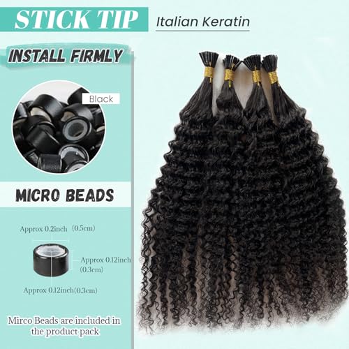 I Tip Hair Extensions Human Hair Kinky Curly Natural Black Hair Extensions Real Human Hair Pre Bonded Keratin Cold Fusion Curly Hair I tip Extension for 3C 4A Hair Black Women 100 Strands 14 Inch