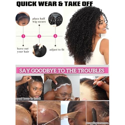 Burmese Curly Half Wigs for Black Women 24 Inch 3 In 1 Half Wig Human Hair Drawstring Fit Flip Over Wig Human Hair Glueless Headband Wigs for Beginner Natural Hairline Leave Out with Curly Edges