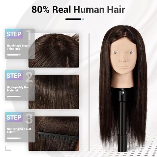 Mannequin Head with 80% Human Hair, 26" Straight Hair Manikin Head, Training Doll Head for Cosmetology & Makeup Practice Real Hair with Clamp Holder and Styling Kits (Dark Brown)
