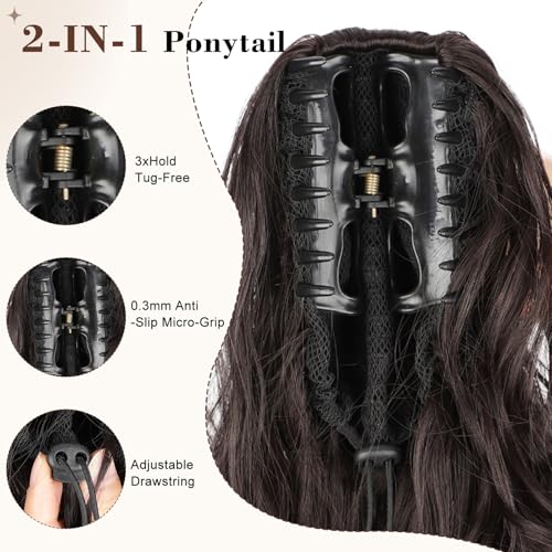 AISI BEAUTY Dark Brown Ponytail Extension, 20 inch Long Wavy Curly Claw Clip Ponytail Hair Extensions, Natural Synthetic Hairpiece for Women Daily Wear
