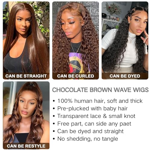 26 Inch 180% Density Chocolate Brown HD Lace Front Wig Human Hair for Women 13x4 Body Wave Frontal Human Hair Wigs Glueless Brazilian Hair Pre-Plucked with Baby Hair Natural Hairline