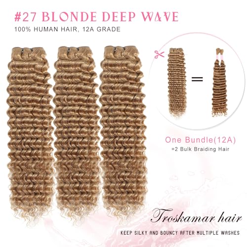 Blonde Deep Wave Human Hair Bundles 12A #27 Colored Deep Curly Human Hair 3 Bundles 18 20 22 Inch Honey Blonde Wet and Wavy Bundle for Black Women