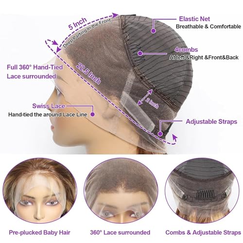 Ombre Honey Blonde 360 Lace Front Wigs Human Hair Drawstring Highlight Body Wave Lace Front Wigs Human Hair Pre Plucked 360 HD Full Lace Wig 180 Density Frontal Glueless Wigs for Women 28 Inch