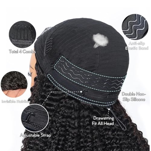 Kinky Curly Half Wig Human Hair Wear Go Glueless Wigs 22 Inch Curly 3 In 1 Half Wigs for Black Women Drawstring Seamless Flip Headband Wig Human Hair Beginner Friendly
