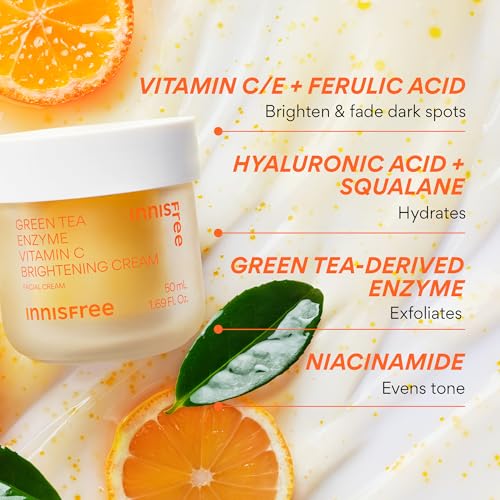 innisfree Green Tea Enzyme Vitamin C Brightening Cream, Korean Face Moisturizer for Dark Spots, Hydration & Radiant Skin