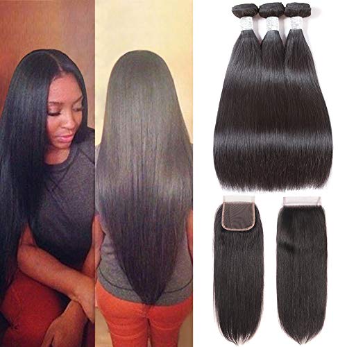 Subella Brazilian Straight Hair 3 Bundles with Closure Grade 10A Unprocessed Brazilian Virgin Human Hair Bundles with Closure Natural Black Color (22 24 26+20inch)