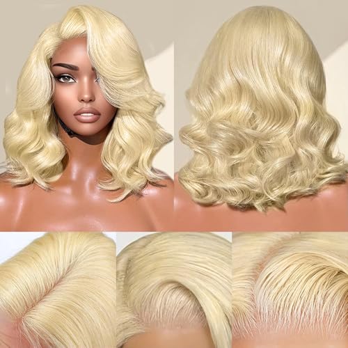 613 Lace Front Wig Human Hair 7¡¿5 Glueless Blonde Body Wave Lace Front Wigs Human Hair Pre Plucked Pre Cut 180% Density Wear And Go Blonde Short Bob Wigs For Women 14inch