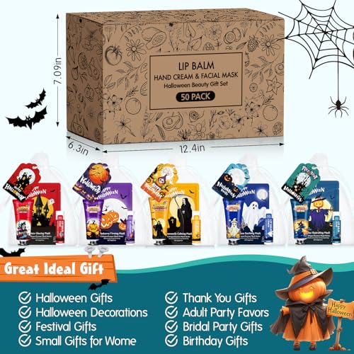 VESPRO 50 Pack Halloween Hand Cream, Facial Mask and Lip Balm Set, Bulk Halloween Gifts for Women, Halloween Decorations, Halloween Party Favors, Halloween Basket Stuffers and Halloween Skincare