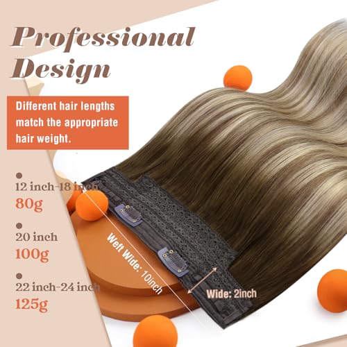 Sunny Hair Wire Hair Extensions Real Human Hair Fish Line Human Hair Extensions Invisible Wire Extensions Brown to Light Brown with Medium Blonde #3/8/22 20 Inch