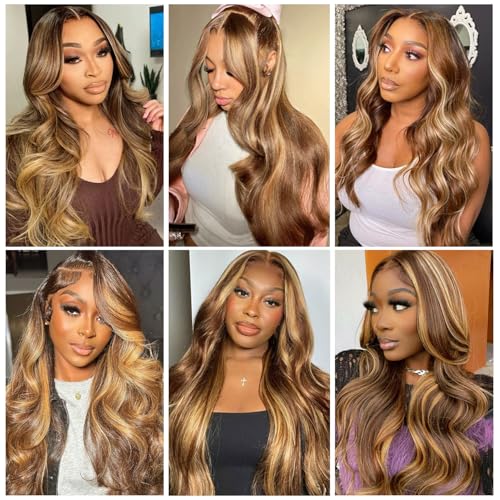 26 Inch Ombre Lace Front Wigs Human Hair 200% Density 13X4 Highlight Body Wave Lace Front Wig Human Hair Pre Plucked for Women Brown mixed Blonde HD Lace Frontal Wigs