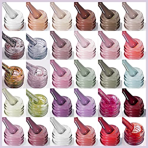SAVILAND Gel Nail Polish Set: 33pcs Red White Pink Glitter Soak-off Nail Polish with Base & Glossy Matte Top Gel Dark Red Manicure Gifts