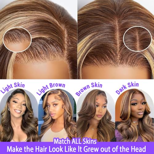 30 Inch Honey Blonde Wig Human Hair 13x6 Ombre HD Lace Front Wigs Body Wave P4/27 Highlight Human Wig Pre Plucked with Baby Hair 180 Density Human Hair Frontal Wigs for Women