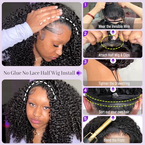 Half Wig Human Hair Glueless Wig Upgrade 4 IN 1 kinky Curly Half Wig with Invisible Wire Snap Clips Drawstring Flip Over Easy Wear Headband Wig Beginner Friendly 200 Density 20 Inch