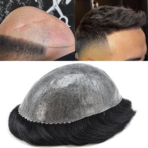 Toupee For Men Real Human Hair Replacement System For Men Full PU Mens Hairpiece Natural Looking Mens Hair Pieces For Hair Loss Toupee 7x9#1B Off Black