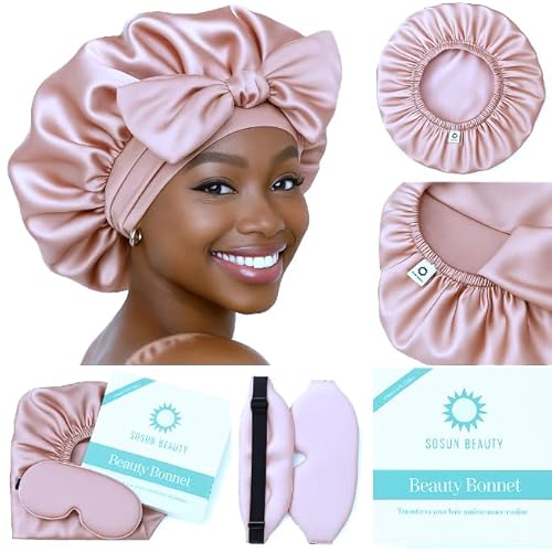 Sosun Beauty Double Layer Blush Pink Satin Sleep Bonnet with Tie Band and Free Matching Sleep Mask