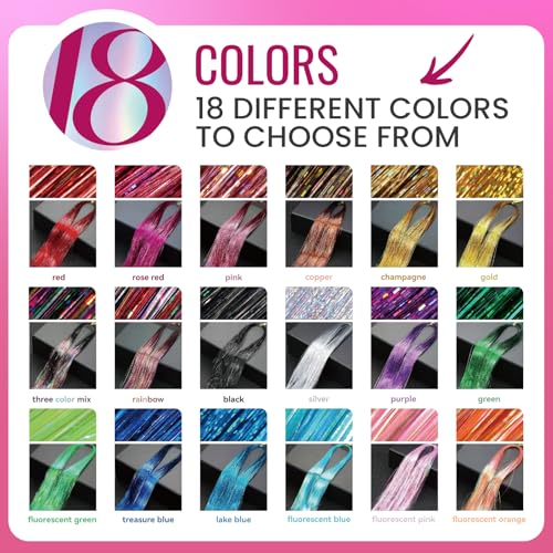 NIACONN Glitter Hair Tinsel Extensions Kit 18 Colors with Tools and Beads, 48 Inch Sparkly Fairy Colorful Tensile Strands Shiny Hair Accessories for Women Girls Kids