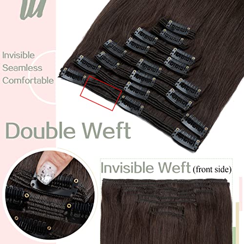 S-noilite Clip in Human Hair Extensions Thick True Double Weft 100% Remy Human Hair Hair Clip in Extensions Full Head 8 Pieces 18 Clips Straight Silky (12 inch - 115g,Dark Brown (#2))