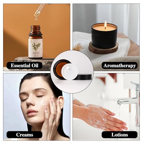 Amber Glass Jars with Lids, 4 Pack 1oz Small Glass Jars with Inner Liners, 30 ml Reusable Empty Round Cosmetic Container for Creams, Lotion, Cosmetic, Spice, Powder