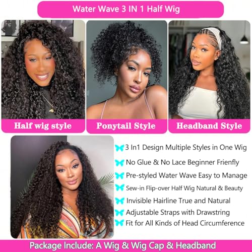 Half Wig Human Hair 200% Density Water Wave Glueless Wigs Human Hair 3 in 1 Drawstring Seamless Flip Over With Adjustable String Invisible Hairline Beginner Friendly Headband Wig 18 Inch