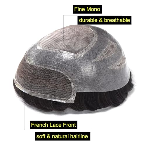 blazingfire Toupee Hair System for Men Human Hair Natural Hairline French Lace Front Mens Toupee Hairpieces Fine Mono Hair Prosthesis Replacement Male Toupee 8x10 Inch Off Black 1B with 10% Grey
