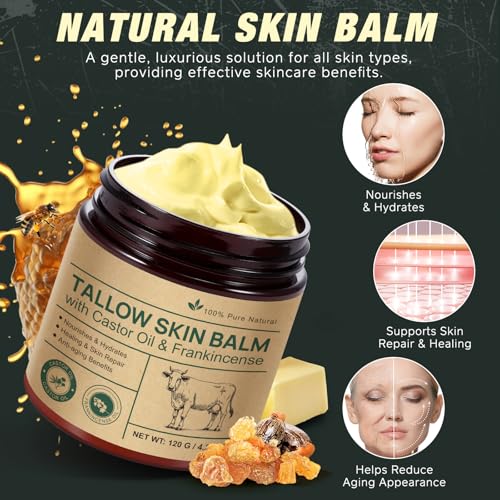2 Pcak Beef Tallow Cream with Castor Oil and Frankincense, 100% Grass-Fed Tallow for Skin Care, Face & Body Moisturizer for Skin, Sensitive Skin & Dry Skin Age Defying, Eczema All-Purpose Balm