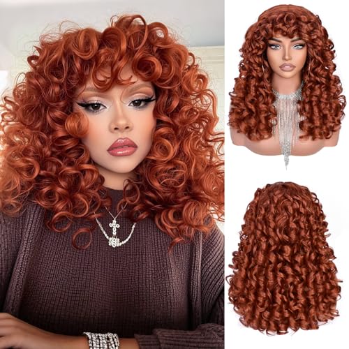 RunM Curly Wig with Bangs for Black Women Long Curly Afro Wig Big Bouncy Fluffy Synthetic Fiber Glueless Hair for Cosplay and Daily 17 Inch£¨Ginger£©