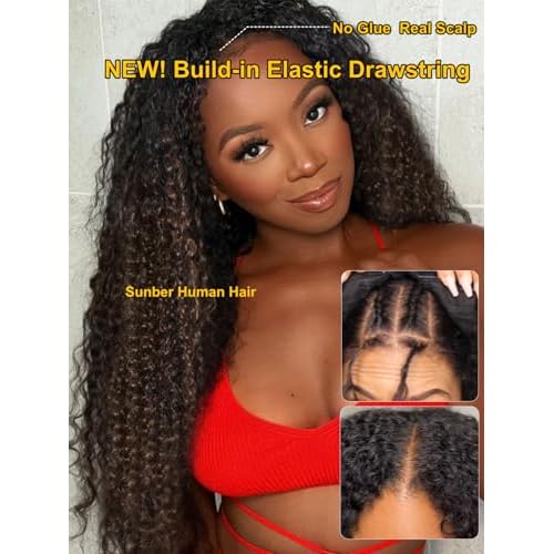 Sunber EasiContour V Part Human Hair Ombre Chestnut Brown Curly Glueless Wig Upgrade Vpart Wigs No Leave Out No Gel 180% Density V Shape Clip Wigs No Sew in Ready to Go Beginner Friendly 20Inch