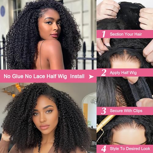 Half Wig Curly Human Hair 200% Density 3 In 1 Drawstring Seamless Clip Ins Flip Over Half Wigs for Black Women 20 Inch Kinky Curly Drawstring Headband Human Hair Wig Beginner Friendly