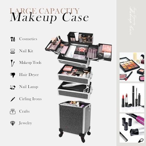 Professional Rolling Makeup Case with Wheels, 5-in-1 Makeup Train Case, Cosmetic Makeup Trolley Cart Travel Cosmetology Case On Wheels with Key for Hairstylists, Nail Tech(Black Crystal)