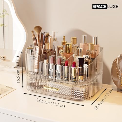 Makeup Organizer with Drawers and 360¡Æ Rotating Brush Holder, Large Capacity Cosmetic Storage for Vanity, Skincare, Perfume, Hair Accessories, Lipstick & Jewelry (Clear, 2-layer)