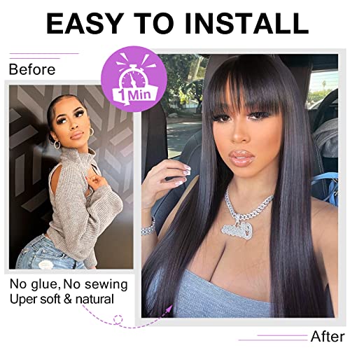 Human Hair Wigs with Bangs Straight Bang Wigs for Black Women Human Hair 150% Density Brazilian Glueless None Lace Front Wig Human Hair Natural Color(26 Inch, Straight)