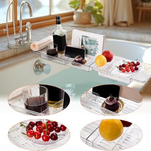 Expandable Bathtub Tray for Tub - Clear Bath Caddy, Waterproof Bathroom Storage Organizer, 22.3" up to 31.7", Spa Organizer for Wine, Books & Phone, Ideal Spa Accessory for Women & Adults