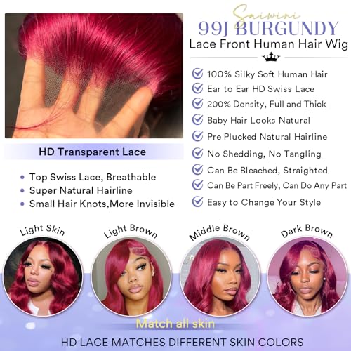 30 Inch 99j Burgundy Lace Front Wigs Human Hair 13x4 HD Red Burgundy Body Wave Wig Human Hair 200 Density Body Wave Lace Front Wigs Human hair Pre Plucked Glueless Frontal Wigs Human Hair for Women