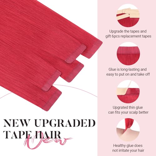 MAXITA Tape in Hair Extensions Human Hair Red Hair Extensions Tape ins, 10pcs 30g 22 Inch Colored Party Highlight Tape in Extensions Straight Soft Real Human Hair Extension