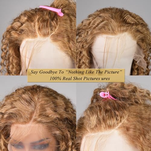 Honey Blonde Wig Human Hair 27#Color Deep Wave Lace Front Wig Human Hair Pre-Plucked Curly Blonde 13x6 HD Lace Front Wig 180% Density For Women(starxiu)