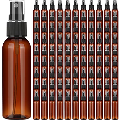 Nuogo 100 Pack 2 Oz Plastic Spray Bottles Reusable Mini Travel Size Perfume Refillable Mist Sprayer Empty Spritz Bottle for Household Use Essential Oil Cleaning(Amber)