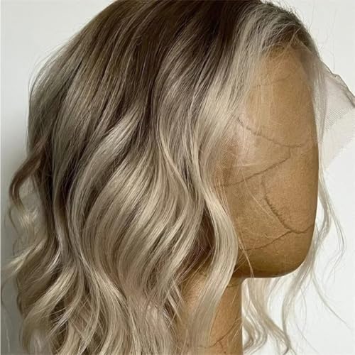 Short Bob Ash Blonde Lace Frontal Wig Human Hair Brown Highlight 13x4 Water Wave HD Transparent Lace Front Human Hair Wigs For Women 180% Density Brazilian Hair Blonde Highlight Wigs 12Inch