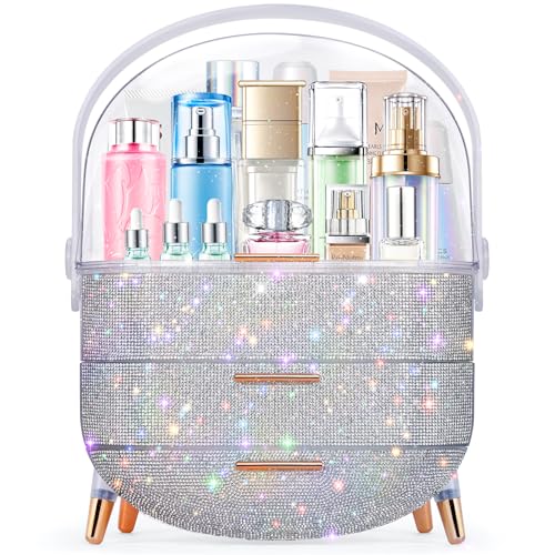 Teen Girls Gift Makeup Organizer, Skincare & Jewelry Storage, Cosmetics Display Case, Makeup Holder, Bathroom Organizer (Bling Rhinestone)