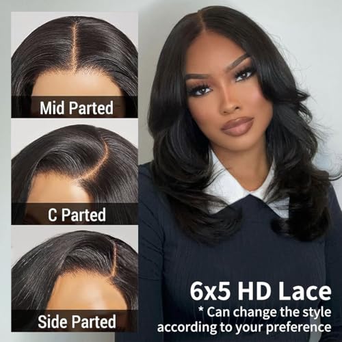 Tinashe Human Hair Wig Glueless 6¡¿5 HD Lace Front Bob Natural Black Closure Wigs Human Hair Pre Plucked Pre Cut Wigs for Black Women Butterfly Haircut Layered 16 Inches