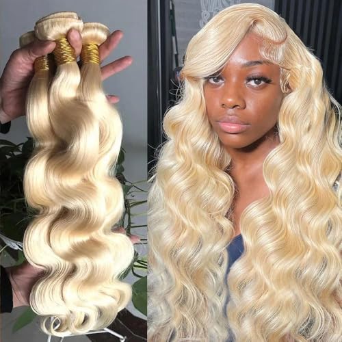 12A HC 613 Body Wave Bundles Human Hair 12 14 16 Inch Blonde Human Hair Bundles 12A Grade Brazilian Hair Extensions 100% Unprocessed Weave 3 Bundles