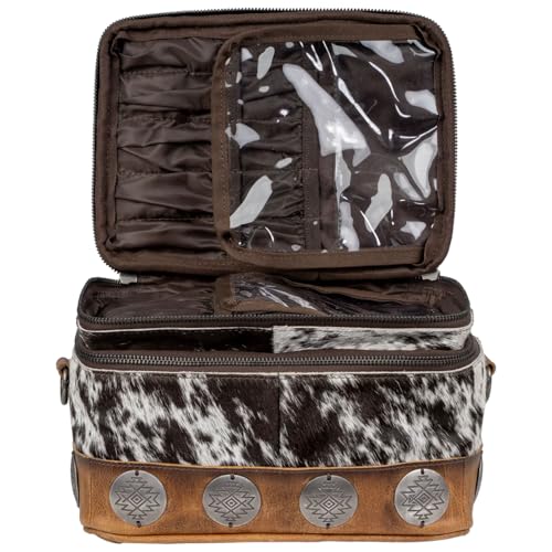 STS Ranchwear Vaquero Glamour STS-34330 Makeup Bag - Spacious Zip Around Unique Full Grain Leather Cowhide Cosmetic Organizer with 2 Compartments