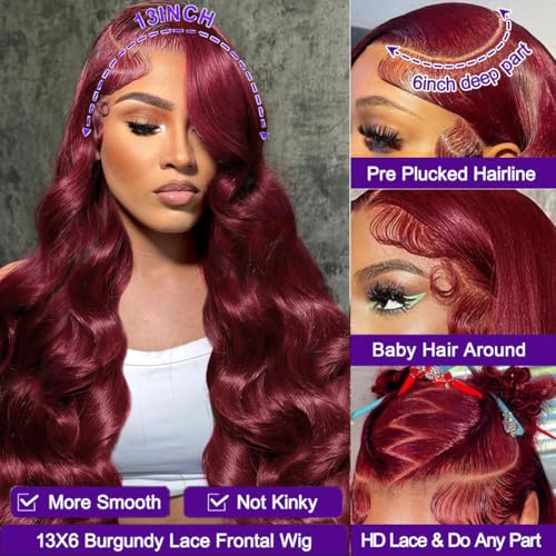 26 Inch 99J Burgundy Lace Front Wigs Human Hair Pre Plucked 200% Density Body Wave Lace Front Wigs Human Hair Red Wig HD Transparent Full Frontal 13x6 Glueless Colored Natural Wig For Woman