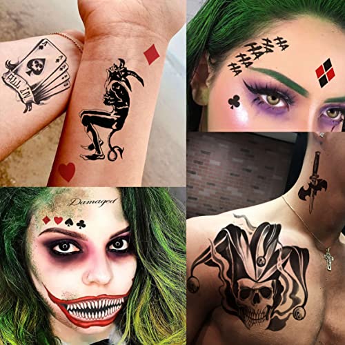 6 Sheets The Joker Temporary Tattoos For Halloween Makeup Kit, Suicide Squad Joker Tattoos Stickers For Women Men Adults, Damaged Tattoo Joker Hand Smile Face Poker Prisoner Costume Skull Set