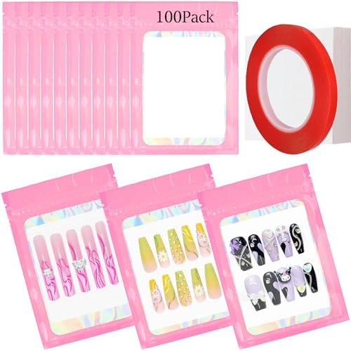 Qenk 100PCS Empty Holographic Nail Storage Bag Press on Nail Packaging Bag and 100PCS Shiny white cardboard Nail Tips Packaging Bags with 1 Roll Transparent Tape (Pink)