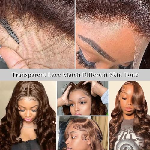 13x6 Chocolate Brown 32 Inch Lace Front Wig Hd Transparent Body Wave Lace Front Wigs Human Hair 200% Density Brown Wig Human Hair 4# Colored Glueless Wigs for Women