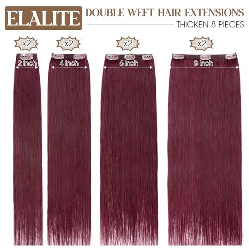 Elailite Clip in Hair Extensions Real Human Hair Double Weft Thick 8pcs Weft Burgundy 20 Inch 150g Remy Hairpieces Balayage Full Head Straight for Women