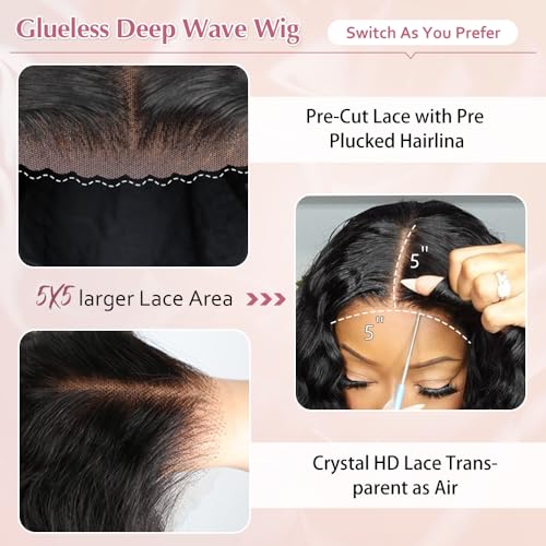 Glueless Wigs Human Hair Pre Plucked Pre Cut 5X5 Deep Wave Lace Front Wigs Human Hair for Women 24 Inch Hd Lace Frontal Natural Hairline Wear and Go 180% Density